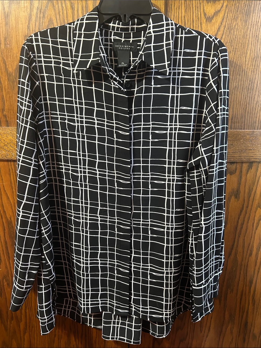 Investments Black Blouse with White Grid Pattern